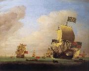 Monamy, Peter Flagship of Sir John Leake,coming to anchor in the bay of Barcelona oil on canvas